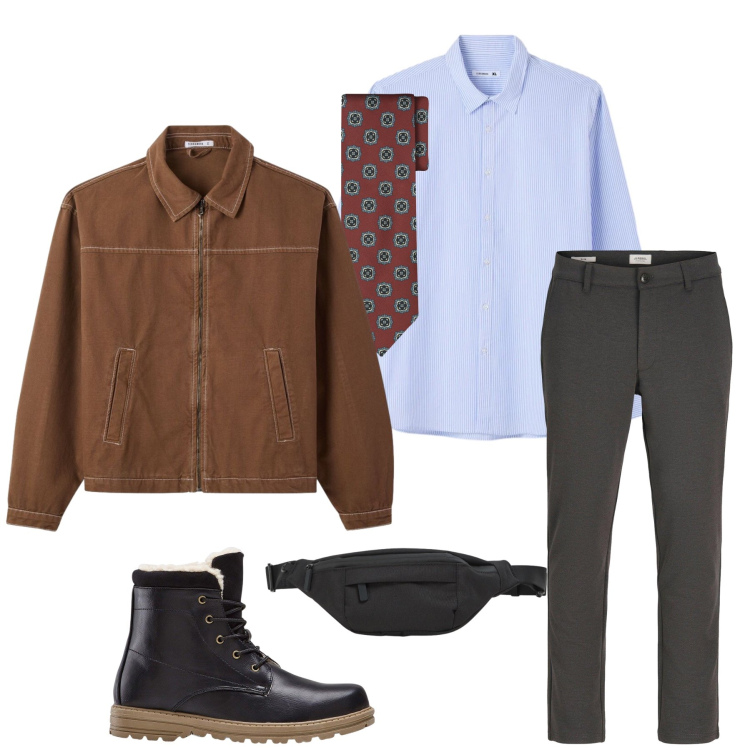 Outfit uomo - Eleganza Pratica e Toni Terrosi. Stile Urban per Tutti i giorni. Abbinamento con stivali e stivaletti, pantaloni chino, cappotti, borse sportive, camicie, cravatte.