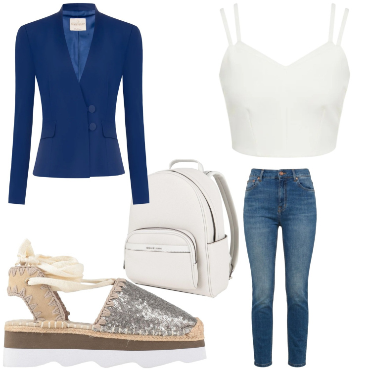 Outfit donna - Giacca e crop top. Stile Casual chic per Tutti i giorni. Abbinamento con zaini, décolleté, jeans, blazer, top.