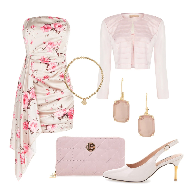 Outfit donna - Cerimonia floreale. Stile Chic per Cerimonia. Abbinamento con bolero, vestiti corti, collane, orecchini, décolleté, portafogli.