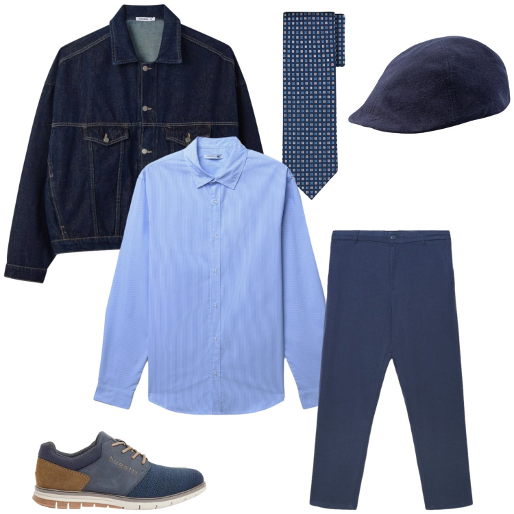 Outfit uomo - L\'Evoluzione del Denim. Stile Urban per Tutti i giorni. Abbinamento con scarpe stringate, camicie, cappotti, pantaloni, cappelli con visiera, cravatte.