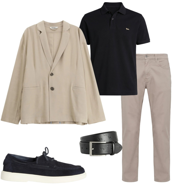 Outfit uomo - Smart casual primaverile. Stile Casual per Ufficio. Abbinamento con giacche, cinture, scarpe stringate, pantaloni, polo.