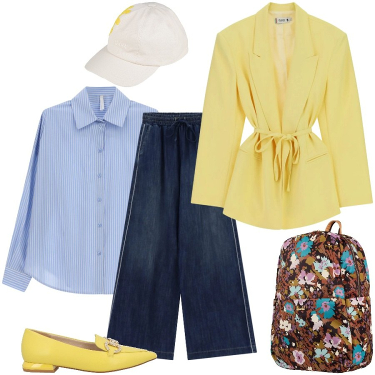 Outfit donna - Total look #2387860. Stile Casual chic per Tutti i giorni. Abbinamento con valigie, cappelli con visiera, mocassini, camicie, blazer, jeans.