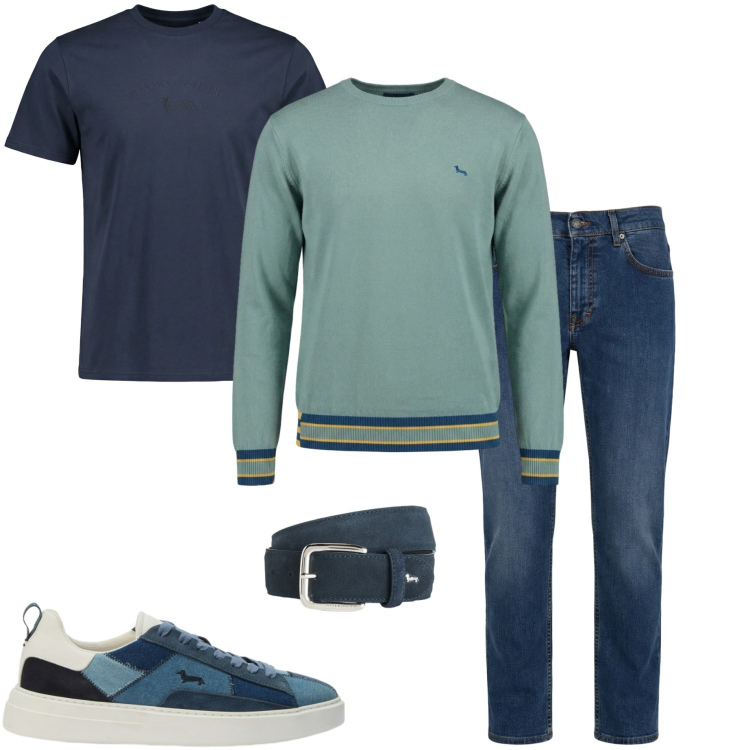 Outfit uomo - Sneakers di primavera. Stile Urban per Tutti i giorni. Abbinamento con pullovers, jeans, t-shirt, cinture, sneakers.