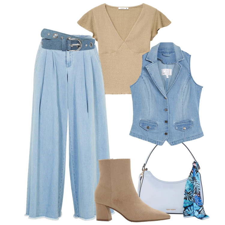 Outfit donna - Pantagonna in denim azzurro. Stile Boho per Tutti i giorni. Abbinamento con gonne, borse a mano, gilet, stivaletti, cinture, t-shirt.