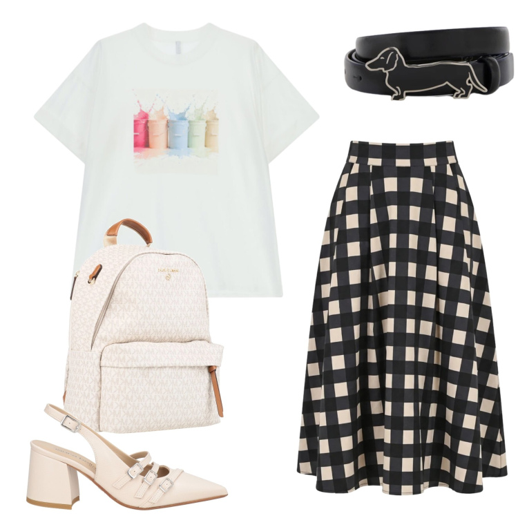 Outfit donna - Estate Creativa. Stile Casual chic per Tutti i giorni. Abbinamento con zaini, décolleté, t-shirt, gonne longuette, cinture.