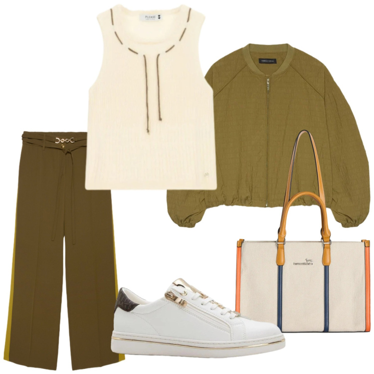 Outfit donna - Total look #2387866. Stile Sporty chic per Tutti i giorni. Abbinamento con sneakers, borse tote, top, pantaloni, blazer.