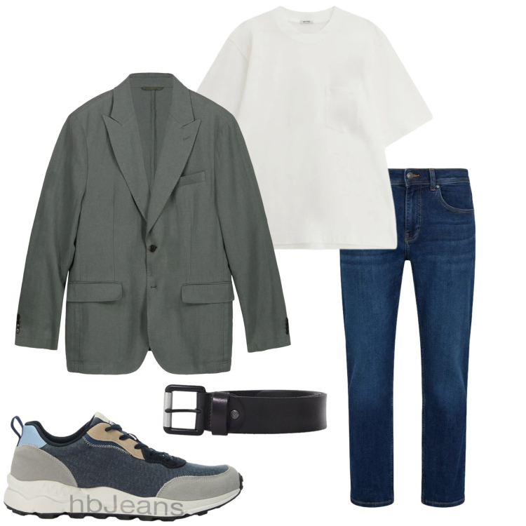 Outfit uomo - Sneakers di primavera. Stile Urban per Tutti i giorni. Abbinamento con jeans dritti, sneakers, t-shirt, cinture, giacche.