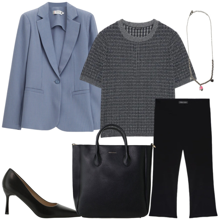 Outfit donna - Armonia di Polvere e Carbone. Stile Casual chic per Tutti i giorni. Abbinamento con borse a tracolla, décolleté, maglieria, pantaloni, blazer, ciondoli.
