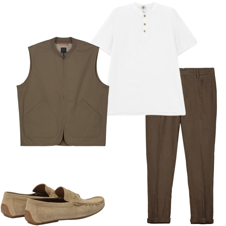 Outfit uomo - Verso l\' estate. Stile Casual per Tutti i giorni. Abbinamento con t-shirt, scarpe stringate, pantaloni, gilet.