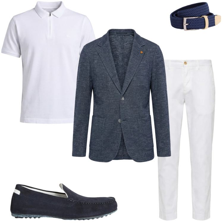 Outfit uomo - Verso l\' estate. Stile Business/Elegante per Serata speciale. Abbinamento con scarpe stringate, cinture, polo, pantaloni chino, giacche.