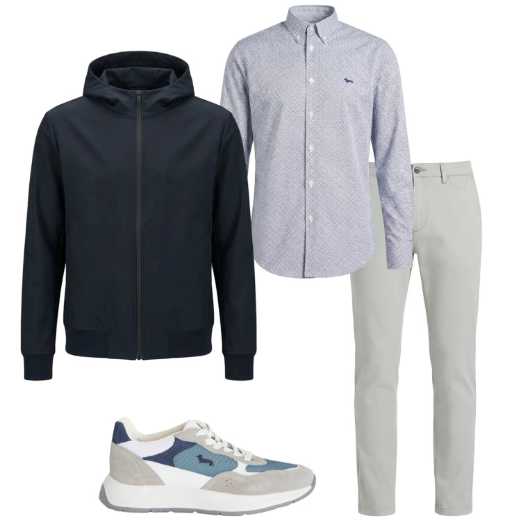 Outfit uomo - Aprile piovoso. Stile Urban per Tutti i giorni. Abbinamento con sneakers, pantaloni chino, camicie, bomber.