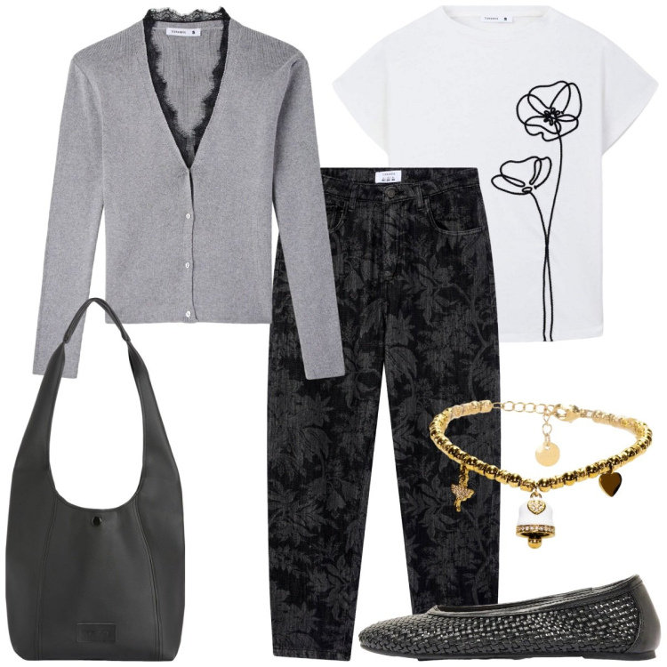 Outfit donna - Cromo fiori. Stile Romantica per Tutti i giorni. Abbinamento con ballerine, jeans, cardigans, t-shirt, borse a spalla, braccialetti.