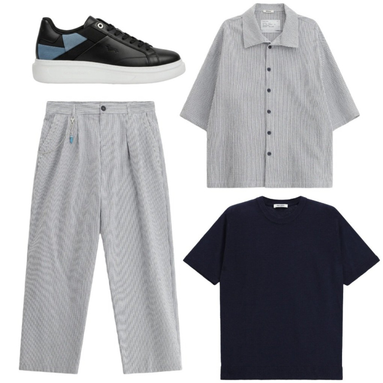 Outfit uomo - #completo.a.righe. Stile Urban per Tutti i giorni. Abbinamento con pantaloni, camicie a manica corta, t-shirt, sneakers.