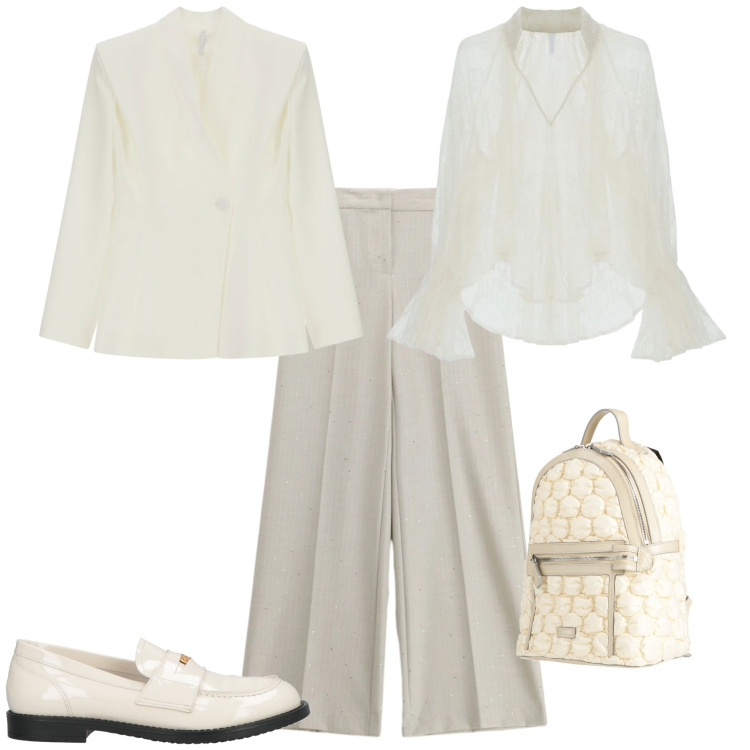 Outfit donna - Casual chic ufficio tempo libero. Stile Casual chic per Tutti i giorni. Abbinamento con zaini, mocassini, pantaloni a palazzo, bluse, blazer.