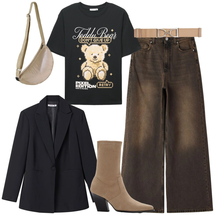 Outfit donna - Total look #2387878. Stile Urban per Tutti i giorni. Abbinamento con stivaletti, cinture, jeans, blazer, t-shirt, borse a tracolla.