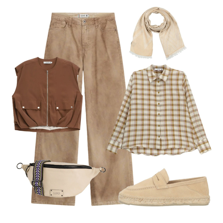 Outfit donna - Quadretti per tutti i giorni. Stile Casual per Scuola/Università. Abbinamento con marsupi, sciarpe, mocassini, gilet, camicie, pantaloni a palazzo.