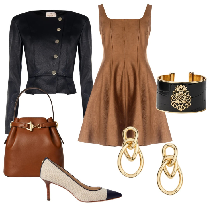 Outfit donna - Spring elegance. Stile Basic per Tutti i giorni. Abbinamento con vestiti corti, giacche, borse a secchiello, orecchini, braccialetti, décolleté.