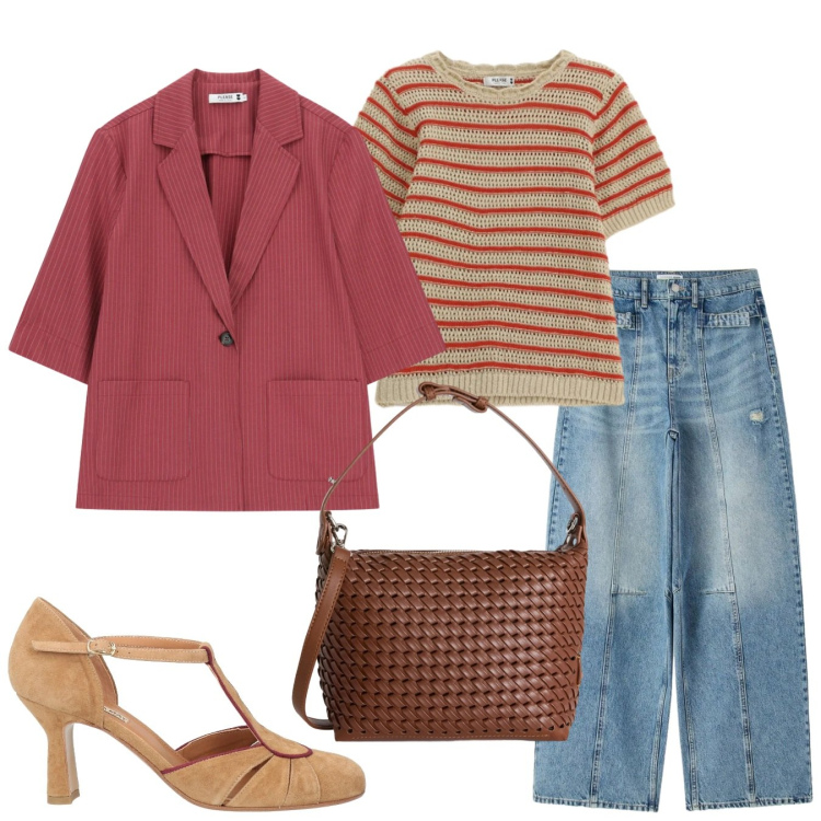 Outfit donna - La Primavera in arrivo. Stile Rock per Tutti i giorni. Abbinamento con décolleté, jeans, t-shirt, blazer, borse a spalla.