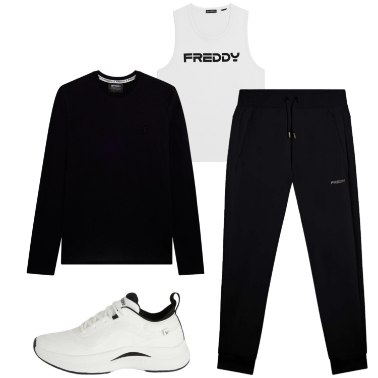 Outfit uomo - Freddy. Stile Urban per Sport. Abbinamento con sneakers, pantaloni, t-shirt, canottiere.