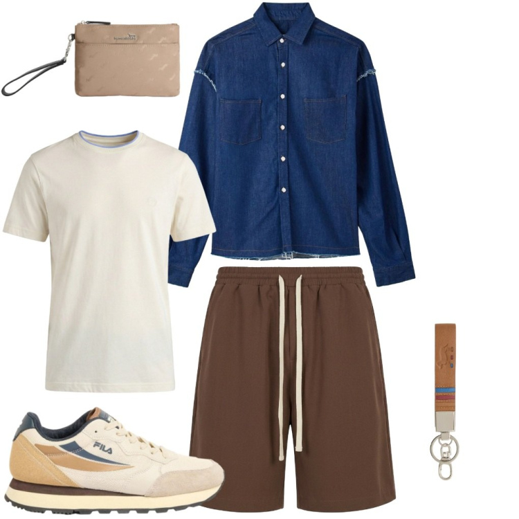 Outfit uomo - # comodità. Stile Trendy per Tutti i giorni. Abbinamento con sneakers, camicie, pantaloni corti, portachiavi, borse sportive, t-shirt.
