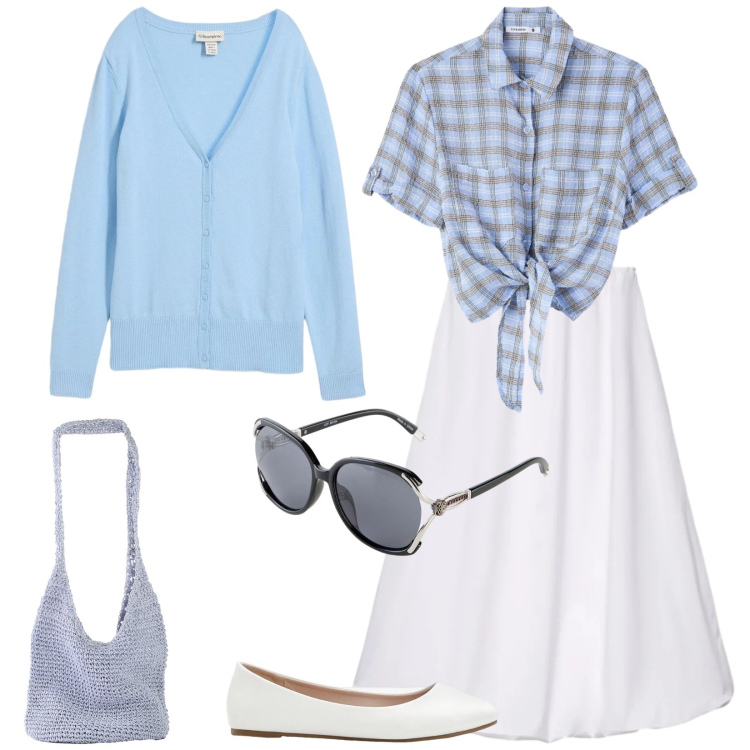Outfit donna - Total look #2387907. Stile Vintage retrò per Tutti i giorni. Abbinamento con cardigans, ballerine, shopping bag, occhiali da sole, gonne lunghe, camicie a manica corta.