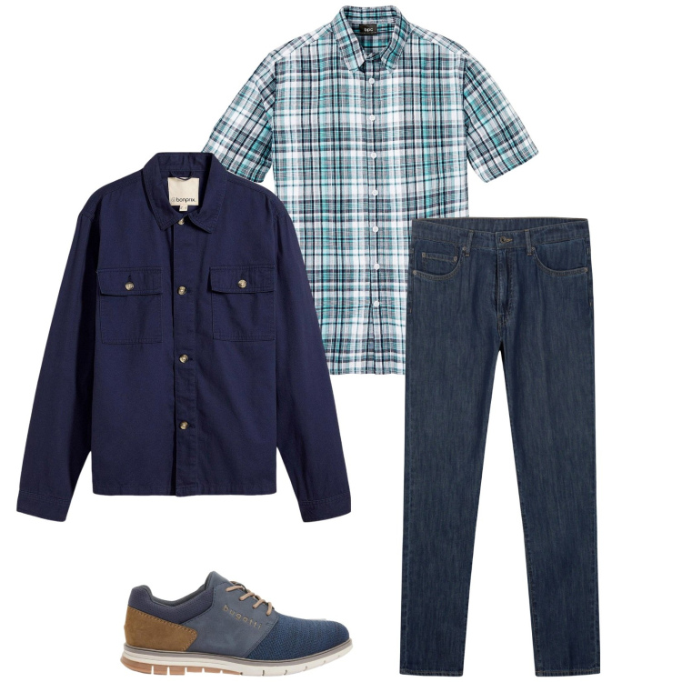 Outfit uomo - Total look #2387908. Stile Trendy per Tutti i giorni. Abbinamento con giacche, scarpe stringate, camicie a manica corta, jeans.
