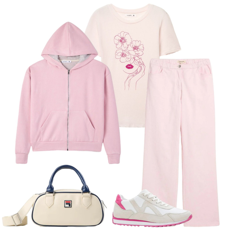Outfit donna - Total look #2387909. Stile Sporty chic per Tutti i giorni. Abbinamento con pantaloni a palazzo, sneakers, borse a tracolla, t-shirt, felpe con cappuccio.
