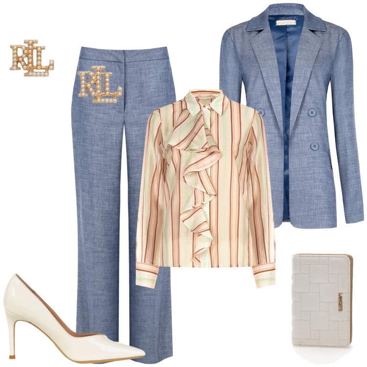 Outfit donna - Rinascimento Spring Elegance. Stile Mannish per Ufficio. Abbinamento con blazer, pantaloni, camicie, décolleté, orecchini, portafogli.