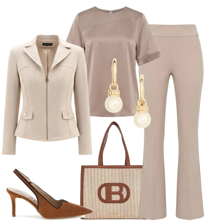 Outfit donna - Rinascimento Spring Elegance. Stile Casual chic per Ufficio. Abbinamento con bluse, pantaloni, blazer, orecchini, décolleté, borse a spalla.