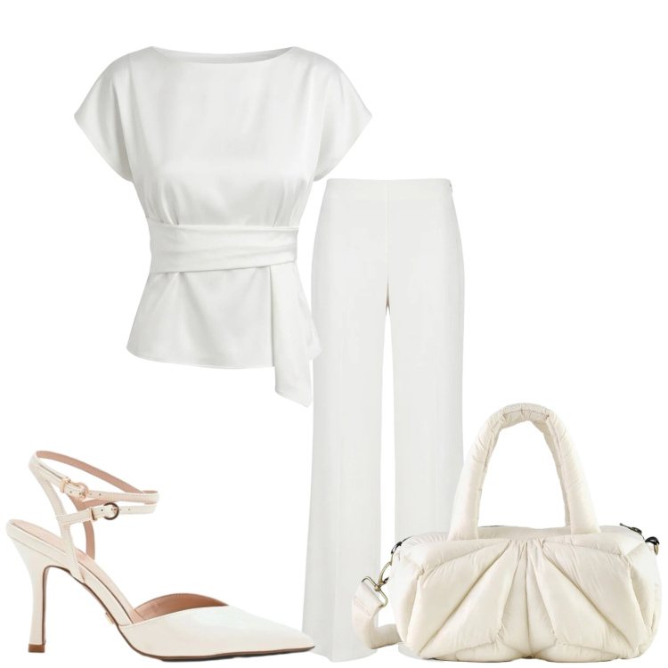 Outfit donna - Bianco con bianco. Stile Glamour per Tutti i giorni. Abbinamento con bluse, décolleté, pantaloni a palazzo, borse a mano.