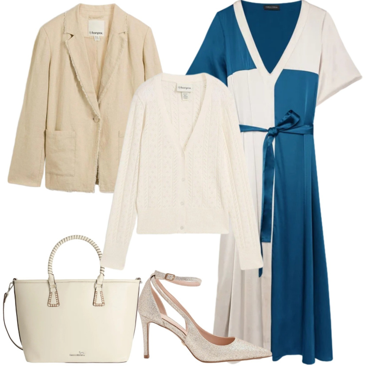 Outfit donna - Total look #2387918. Stile Bon Ton per Serata fuori. Abbinamento con blazer, cardigans, vestiti midi/longuette, shopping bag, décolleté.