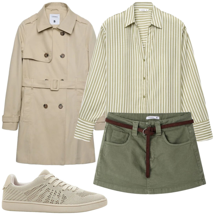 Outfit donna - Safari Chic Urbano. Stile Urban per Tutti i giorni. Abbinamento con sneakers, trench, camicie, minigonne, borse a tracolla, collane.