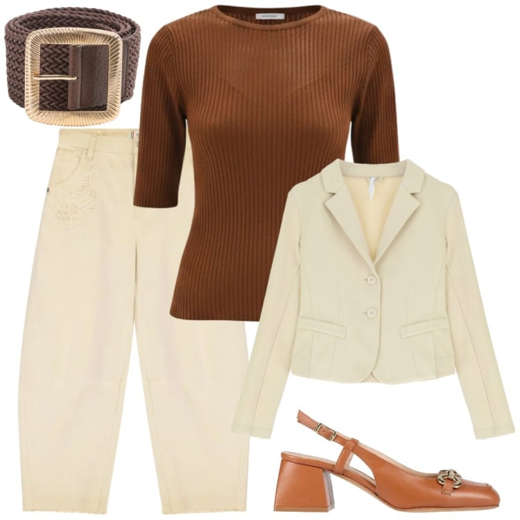 Outfit donna - Crema con note speziate. Stile Bon Ton per Ufficio. Abbinamento con décolleté, cinture, pantaloni, blazer, t-shirt.