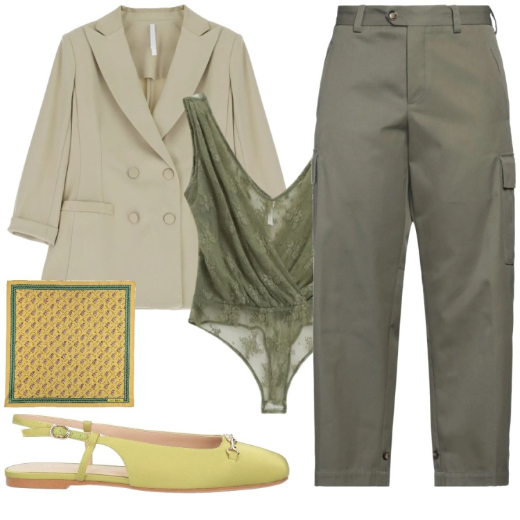 Outfit donna - ​Riflessi di Seta su Spirito Cargo. Stile Casual chic per Ufficio. Abbinamento con pantaloni cargo, ballerine, sciarpe, top, blazer.