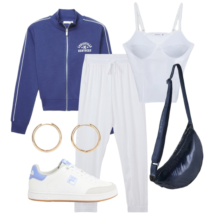 Outfit donna - Aprile. Stile Sporty chic per Tutti i giorni. Abbinamento con orecchini, sneakers, pantaloni sportivi, felpe, canottiere, borse a tracolla.