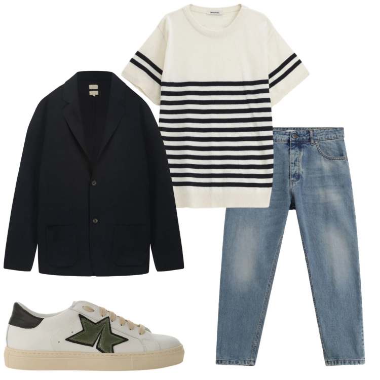Outfit uomo - Aprile. Stile Urban per Tutti i giorni. Abbinamento con sneakers, jeans, maglieria, cardigans.