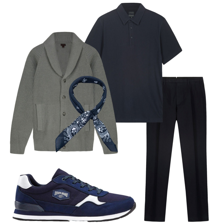 Outfit uomo - Le fresche mattine di aprile. Stile Urban per Ufficio. Abbinamento con sneakers, cardigans, pantaloni, polo, sciarpe e foulard.