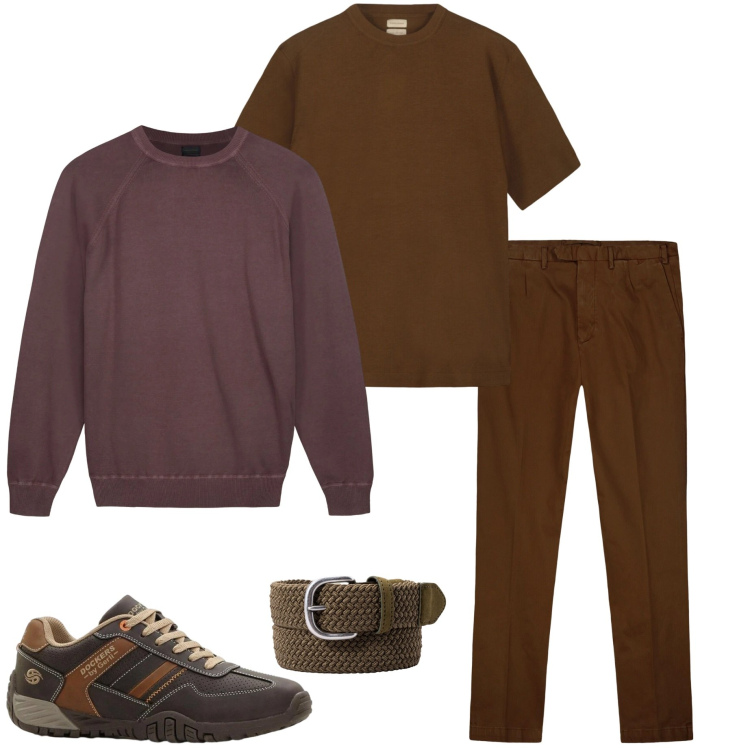Outfit uomo - Mocha mousse. Stile Casual per Tutti i giorni. Abbinamento con sneakers, pantaloni, maglieria, cinture, t-shirt.