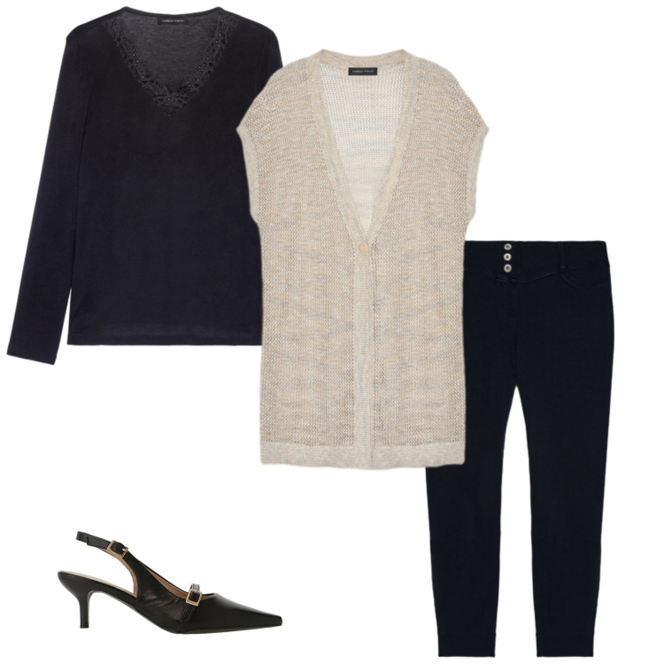 Outfit donna - Fiorella Rubino. Stile Casual chic per Ufficio. Abbinamento con maglieria, jeggings, t-shirt, sandali col tacco.