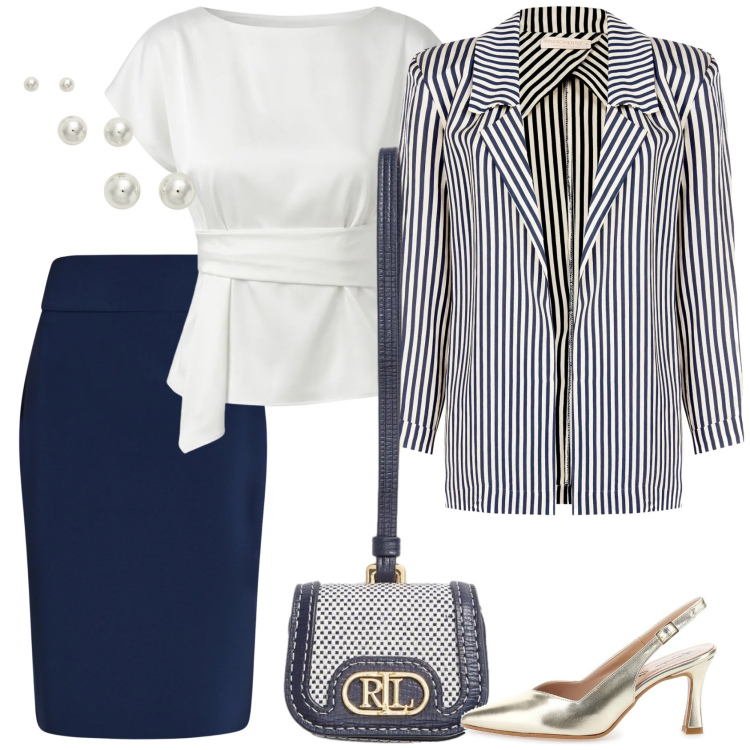 Outfit donna - Elegante in blu. Stile Chic per Cerimonia. Abbinamento con gonne longuette, bluse, blazer, orecchini, pochette, décolleté.