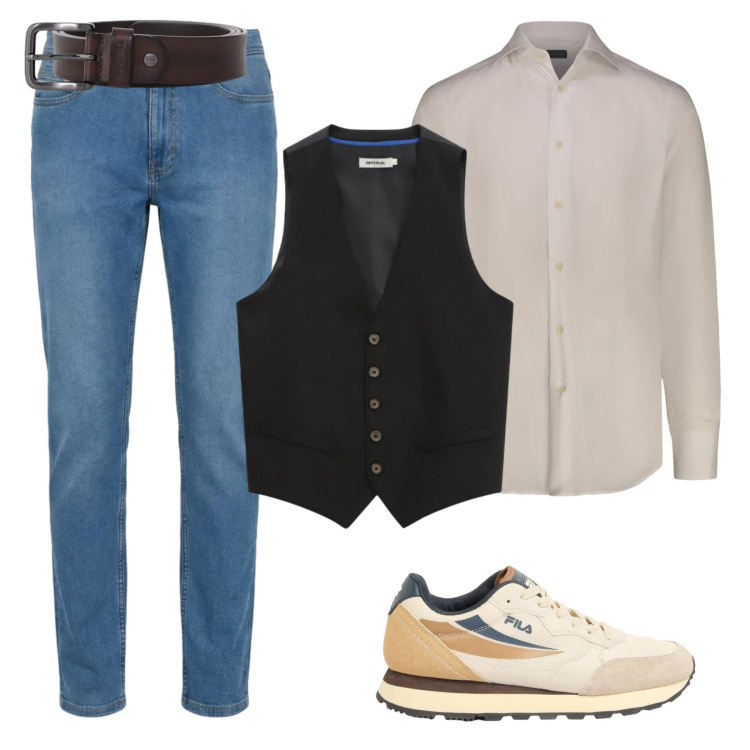 Outfit uomo - Urban chic. Stile Business/Elegante per Serata speciale. Abbinamento con sneakers, gilet, cinture, jeans, camicie.