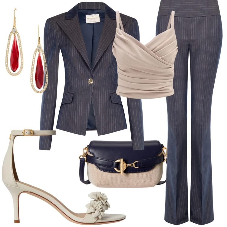 Outfit donna - Gessato per la cerimonia. Stile Mannish per Cerimonia. Abbinamento con blazer, pantaloni, canottiere, orecchini, borse a tracolla, sandali in pelle.