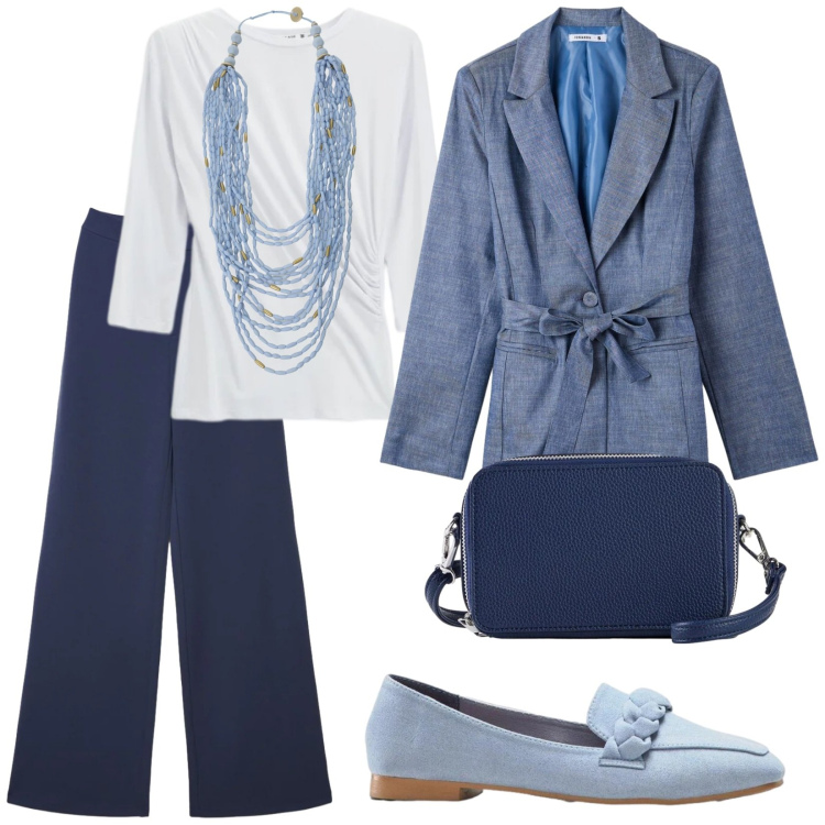 Outfit donna - Total look #2387961. Stile Casual chic per Ufficio. Abbinamento con mocassini, borse a tracolla, blazer, pantaloni, collane, top.