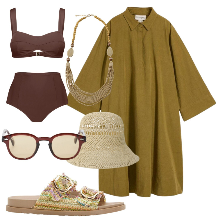 Outfit donna - Spiaggia curvy style. Stile Casual chic per Mare. Abbinamento con ciabatte, vestiti, collane, cappelli, occhiali da sole, bikini.