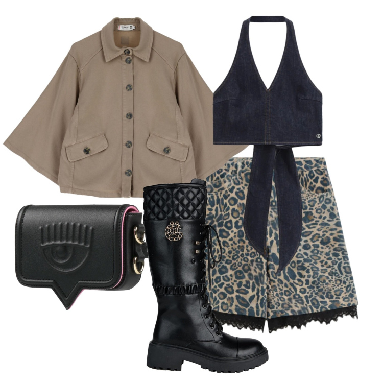 Outfit donna - Total look #2387968. Stile Rock per Serata fuori. Abbinamento con stivali, marsupi, bermuda, top, cappotti.