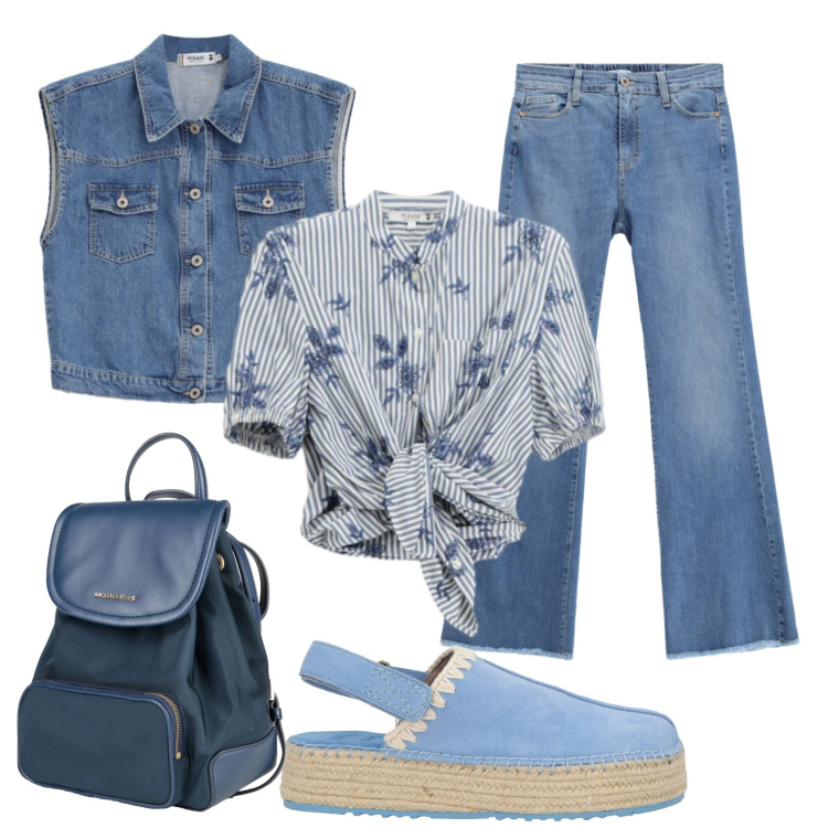 Outfit donna - Total look #2387969. Stile Trendy per Scuola/Università. Abbinamento con espadrillas, zaini, camicie a manica corta, jeans, gilet.