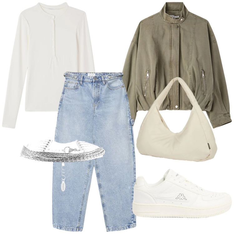 Outfit donna - I jeans chiari. Stile Trendy per Tutti i giorni. Abbinamento con sneakers, jeans, bomber, t-shirt, braccialetti, borse a spalla.
