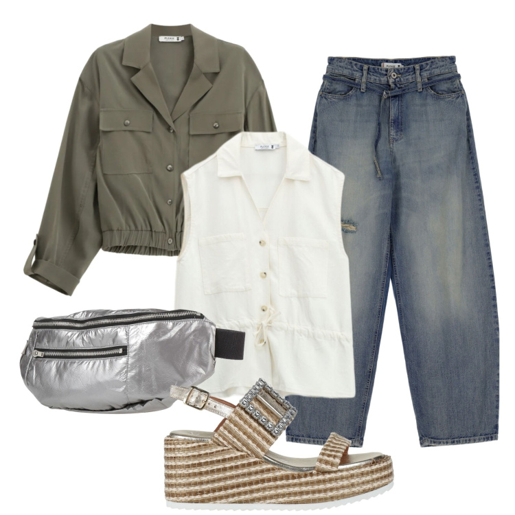 Outfit donna - Total look #2387971. Stile Casual per Tutti i giorni. Abbinamento con marsupi, sandali in pelle, jeans, camicie, gilet.