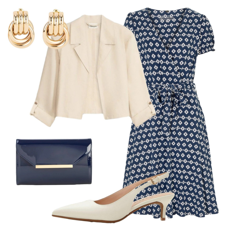 Outfit donna - Curvy style Total look. Stile Chic per Ufficio. Abbinamento con vestiti, décolleté, orecchini, pochette, blazer.