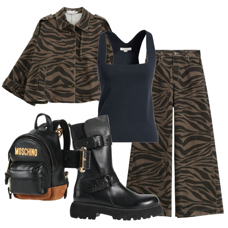 Outfit donna - Total look #2387978. Stile Rock per Scuola/Università. Abbinamento con stivaletti, marsupi, top, pantaloni a palazzo, blazer.